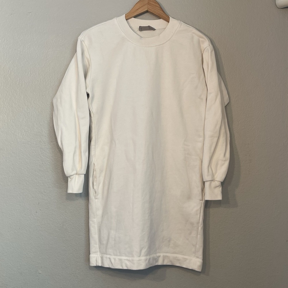 Everlane XS Ivory Long Sleeve 100% Cotton Sweater Dress Pockets Crew Neck